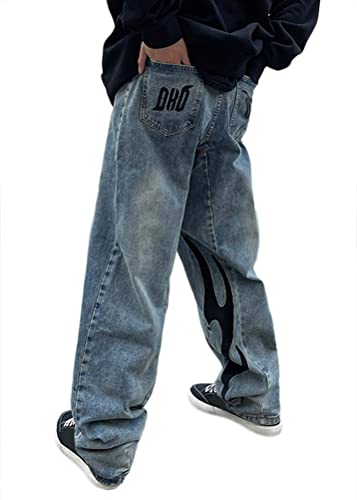 ORANDESIGNE Herren Jeans Baggy Jeans Bedruckt Hip Hop Jeanshose Straight Leg Casual Vintage Denim Hosen Y2K Jeans Teenager Hose Bedruckte Jeans Streetwear Cargohosen B Blau M von ORANDESIGNE