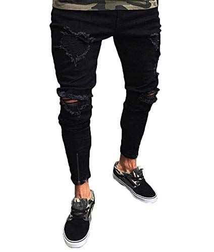 ORANDESIGNE Herren Jeans Hose Mode Casual Destroyed Slim Fit Skinny Denim Strech Jeans Männer Zerrissen Denim Freizeithosen 05 Schwarz Large von ORANDESIGNE