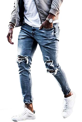 ORANDESIGNE Herren Jeans Hose Mode Casual Destroyed Slim Fit Skinny Denim Strech Jeans Männer Zerrissen Denim Freizeithosen 07 Blau Small von ORANDESIGNE