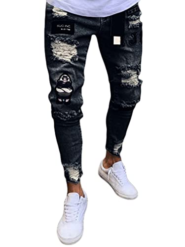 ORANDESIGNE Herren Zerrissene Jeans Hose Slim Fit Denim Lange Jeanshose für Männer Coole Jungen Stretch Freizeithose Hop Hop Destroyed Jeans Hosen B Schwarz XS von ORANDESIGNE