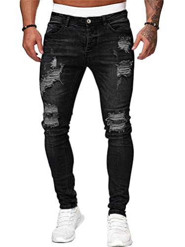 ORANDESIGNE Herren Zerrissene Jeans Hose Slim Fit Denim Lange Jeanshose für Männer Coole Jungen Stretch Freizeithose Hop Hop Destroyed Jeans Hosen C Schwarz L von ORANDESIGNE