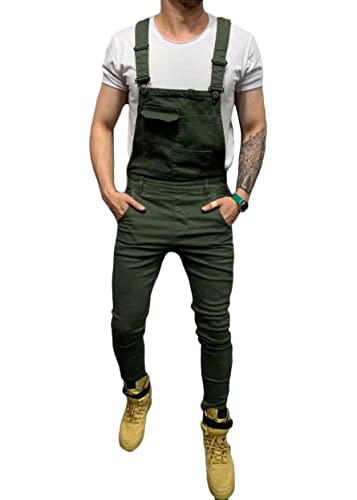 ORANDESIGNE Herren Jeans Latzhose Lange Jeanshose Jumpsuit Suspender Pants Retro Denim Bib Skinny Fit Streetwear Stone-Washed Zerreißen Arbeitshosen Qualität mit Taschen E Grün 3XL von ORANDESIGNE