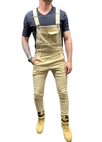 ORANDESIGNE Herren Jeans Latzhose Lange Jeanshose Jumpsuit Suspender Pants Retro Denim Bib Skinny Fit Streetwear Stone-Washed Zerreißen Arbeitshosen Qualität mit Taschen E Khaki M von ORANDESIGNE