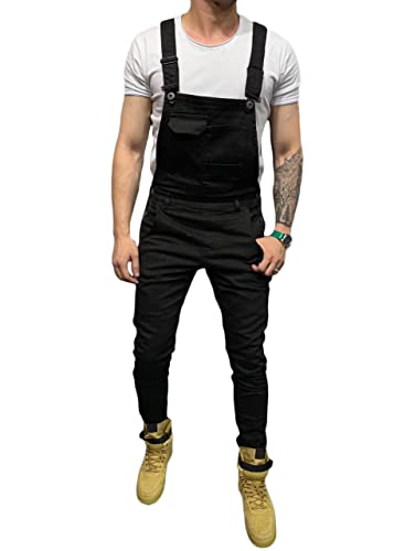 ORANDESIGNE Herren Jeans Latzhose Lange Jeanshose Jumpsuit Suspender Pants Retro Denim Bib Skinny Fit Streetwear Stone-Washed Zerreißen Arbeitshosen Qualität mit Taschen E Schwarz L von ORANDESIGNE