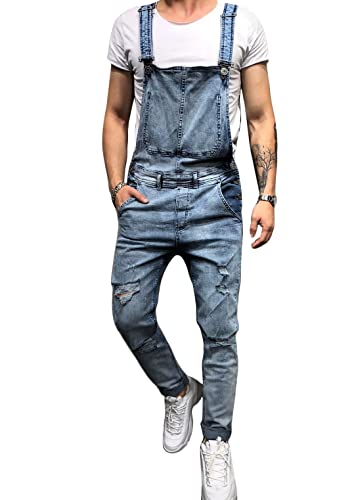 ORANDESIGNE Herren Jeans Latzhose Overall, Arbeitshosen Lange Jeanshose Retro Denim Arbeitslatzhose Jumpsuit Destroyed Ripped Multifunktion Hose Arbeitskleidung F Hellblau XL von ORANDESIGNE