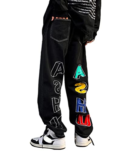 ORANDESIGNE Herren Jeans Sterne Drucken Jeanshosen Patchwork Jeanshose Denim Hosen Baggy Hip Hop Jeans Vintage Y2K Straight Leg Streetwear F Schwarz XXL von ORANDESIGNE