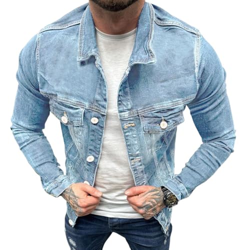ORANDESIGNE Herren Jeansjacke Basic Jeans Jacke mit Stehkragen Übergangsjacke Bedruckte Freizeitjacke Sommerjacke Slim Fit A Hellblau M von ORANDESIGNE