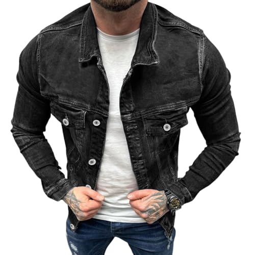 ORANDESIGNE Herren Jeansjacke Basic Jeans Jacke mit Stehkragen Übergangsjacke Bedruckte Freizeitjacke Sommerjacke Slim Fit A Schwarz 3XL von ORANDESIGNE