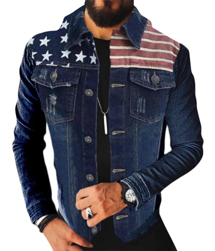 ORANDESIGNE Herren Jeansjacke Biker Style Jeans Jacket Blue Denim Jacke Blau Männer Streetwear Solide Löcher Schlank Casual Mantel Zerrissene for Casual Stil Winter A Dunkelblau XXL von ORANDESIGNE