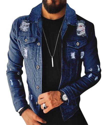 ORANDESIGNE Herren Jeansjacke Biker Style Jeans Jacket Blue Denim Jacke Blau Männer Streetwear Solide Löcher Schlank Casual Mantel Zerrissene for Casual Stil Winter B Dunkelblau S von ORANDESIGNE