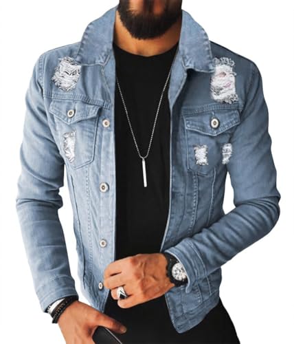 ORANDESIGNE Herren Jeansjacke Biker Style Jeans Jacket Blue Denim Jacke Blau Männer Streetwear Solide Löcher Schlank Casual Mantel Zerrissene for Casual Stil Winter B Hellblau XL von ORANDESIGNE