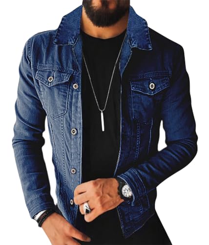ORANDESIGNE Herren Jeansjacke Biker Style Jeans Jacket Blue Denim Jacke Blau Männer Streetwear Solide Löcher Schlank Casual Mantel Zerrissene for Casual Stil Winter C Dunkelblau XL von ORANDESIGNE
