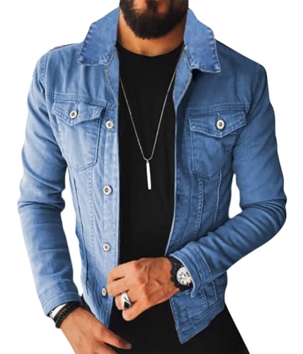 ORANDESIGNE Herren Jeansjacke Biker Style Jeans Jacket Blue Denim Jacke Blau Männer Streetwear Solide Löcher Schlank Casual Mantel Zerrissene for Casual Stil Winter C Hellblau L von ORANDESIGNE