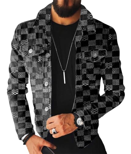 ORANDESIGNE Herren Jeansjacke Biker Style Jeans Jacket Blue Denim Jacke Blau Männer Streetwear Solide Löcher Schlank Casual Mantel Zerrissene for Casual Stil Winter E Schwarz L von ORANDESIGNE