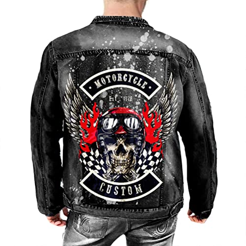 ORANDESIGNE Herren Jeansjacke Denim Jacke Totenkopf Drucken Mode Freizeit Jeansmantel Vintage Punk Graffiti Drucken Lange Ärmel Oberbekleidung mit Knöpfen A Schwarz XL von ORANDESIGNE