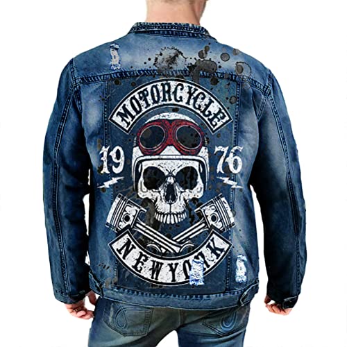ORANDESIGNE Herren Jeansjacke Denim Jacke Totenkopf Drucken Mode Freizeit Jeansmantel Vintage Punk Graffiti Drucken Lange Ärmel Oberbekleidung mit Knöpfen E Dunkelblau XL von ORANDESIGNE