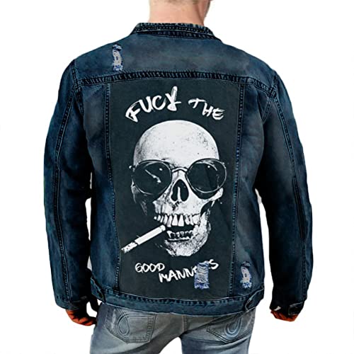 ORANDESIGNE Herren Jeansjacke Denim Jacke Totenkopf Drucken Mode Freizeit Jeansmantel Vintage Punk Graffiti Drucken Lange Ärmel Oberbekleidung mit Knöpfen H Dunkelblau XS von ORANDESIGNE