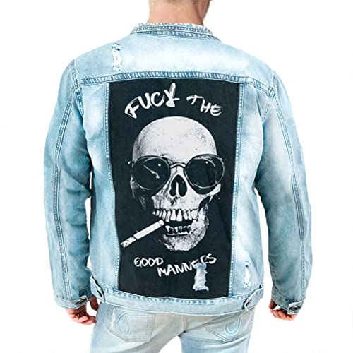 ORANDESIGNE Herren Jeansjacke Denim Jacke Totenkopf Drucken Mode Freizeit Jeansmantel Vintage Punk Graffiti Drucken Lange Ärmel Oberbekleidung mit Knöpfen H Hellblau L von ORANDESIGNE