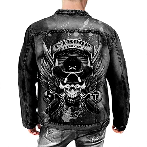 ORANDESIGNE Herren Jeansjacke Denim Jacke Totenkopf Drucken Mode Freizeit Jeansmantel Vintage Punk Graffiti Drucken Lange Ärmel Oberbekleidung mit Knöpfen I Schwarz XXL von ORANDESIGNE