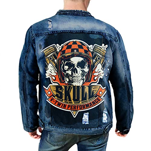 ORANDESIGNE Herren Jeansjacke Denim Jacke Totenkopf Drucken Mode Freizeit Jeansmantel Vintage Punk Graffiti Drucken Lange Ärmel Oberbekleidung mit Knöpfen J Dunkelblau 3XL von ORANDESIGNE