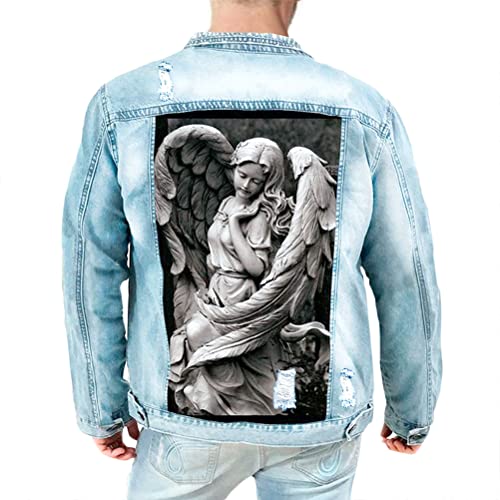 ORANDESIGNE Herren Jeansjacke Denim Jacke Totenkopf Drucken Mode Freizeit Jeansmantel Vintage Punk Graffiti Drucken Lange Ärmel Oberbekleidung mit Knöpfen R Hellblau XXL von ORANDESIGNE