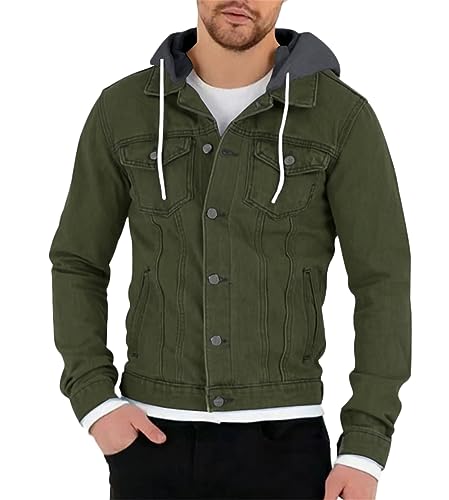 ORANDESIGNE Herren Jeansjacke mit Kapuze Sweatjacke Denim Vintage Jeans-Jacke für Männer Denim Weste Slim-Fit Freizeit Hoodie Übergangsjacke A Armeegrün M von ORANDESIGNE