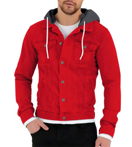 ORANDESIGNE Herren Jeansjacke mit Kapuze Sweatjacke Denim Vintage Jeans-Jacke für Männer Denim Weste Slim-Fit Freizeit Hoodie Übergangsjacke A Rot M von ORANDESIGNE