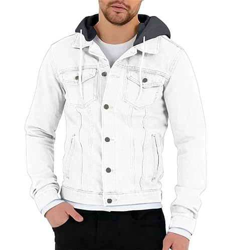 ORANDESIGNE Herren Jeansjacke mit Kapuze Sweatjacke Denim Vintage Jeans-Jacke für Männer Denim Weste Slim-Fit Freizeit Hoodie Übergangsjacke A Weiß L von ORANDESIGNE