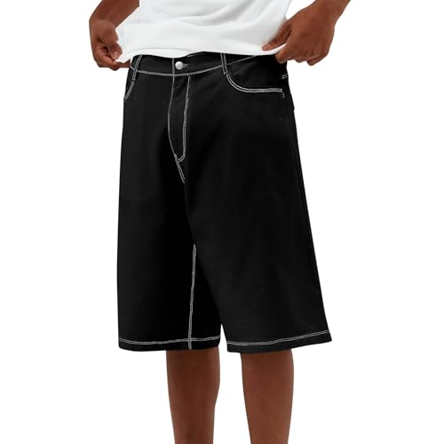 ORANDESIGNE Herren Jeansshorts Baggy Casual Shorts mit Weitem Bein Lockere Mittlerer Länge Hip-Hop Shorts mit Reißverschluss und Taschen Streetwear A Schwarz XXL von ORANDESIGNE