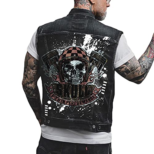 ORANDESIGNE Herren Jeansweste Denim Weste Totenkopf Drucken Mode Freizeit Jeansmantel Vintage Punk Graffiti Drucken Ärmellos Oberbekleidung mit Knöpfen A Schwarz XL von ORANDESIGNE