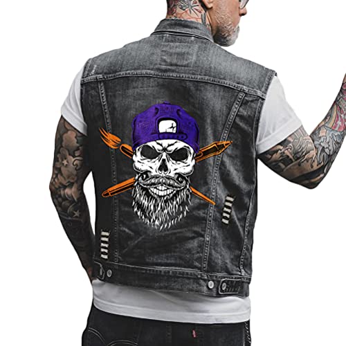 ORANDESIGNE Herren Jeansweste Denim Weste Totenkopf Drucken Mode Freizeit Jeansmantel Vintage Punk Graffiti Drucken Ärmellos Oberbekleidung mit Knöpfen B Schwarz XL von ORANDESIGNE