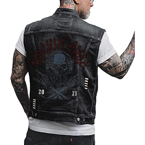 ORANDESIGNE Herren Jeansweste Denim Weste Totenkopf Drucken Mode Freizeit Jeansmantel Vintage Punk Graffiti Drucken Ärmellos Oberbekleidung mit Knöpfen D Schwarz XL von ORANDESIGNE