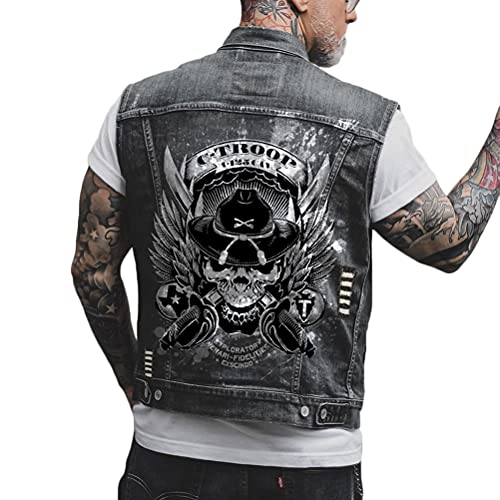 ORANDESIGNE Herren Jeansweste Denim Weste Totenkopf Drucken Mode Freizeit Jeansmantel Vintage Punk Graffiti Drucken Ärmellos Oberbekleidung mit Knöpfen J Schwarz L von ORANDESIGNE