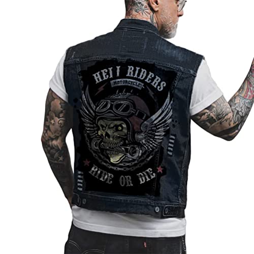 ORANDESIGNE Herren Jeansweste Denim Weste Totenkopf Drucken Mode Freizeit Jeansmantel Vintage Punk Graffiti Drucken Ärmellos Oberbekleidung mit Knöpfen N Schwarz XXL von ORANDESIGNE