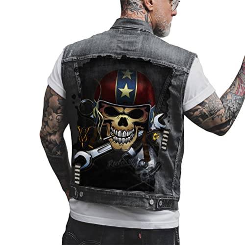 ORANDESIGNE Herren Jeansweste Denim Weste Totenkopf Drucken Mode Freizeit Jeansmantel Vintage Punk Graffiti Drucken Ärmellos Oberbekleidung mit Knöpfen O Schwarz XXL von ORANDESIGNE
