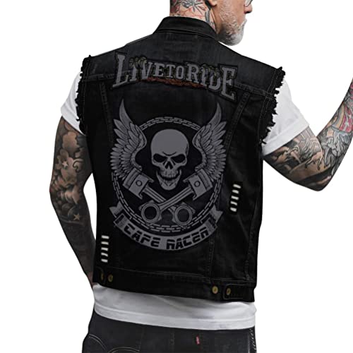 ORANDESIGNE Herren Jeansweste Denim Weste Totenkopf Drucken Mode Freizeit Jeansmantel Vintage Punk Graffiti Drucken Ärmellos Oberbekleidung mit Knöpfen R Schwarz XL von ORANDESIGNE