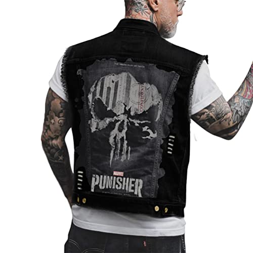 ORANDESIGNE Herren Jeansweste Denim Weste Totenkopf Drucken Mode Freizeit Jeansmantel Vintage Punk Graffiti Drucken Ärmellos Oberbekleidung mit Knöpfen T Schwarz S von ORANDESIGNE