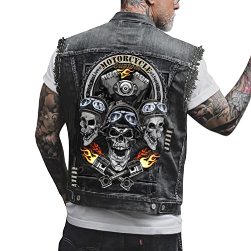 ORANDESIGNE Herren Jeansweste Denim Weste Totenkopf Drucken Mode Freizeit Jeansmantel Vintage Punk Graffiti Drucken Ärmellos Oberbekleidung mit Knöpfen U Schwarz M von ORANDESIGNE