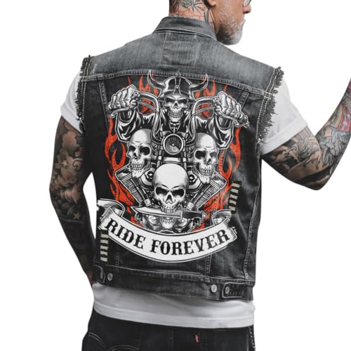 ORANDESIGNE Herren Jeansweste Denim Weste Totenkopf Drucken Mode Freizeit Jeansmantel Vintage Punk Graffiti Drucken Ärmellos Oberbekleidung mit Knöpfen W Schwarz XL von ORANDESIGNE