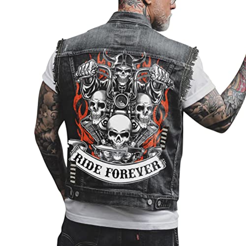 ORANDESIGNE Herren Jeansweste Denim Weste Totenkopf Drucken Mode Freizeit Jeansmantel Vintage Punk Graffiti Drucken Ärmellos Oberbekleidung mit Knöpfen W Schwarz XXL von ORANDESIGNE