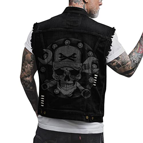 ORANDESIGNE Herren Jeansweste Denim Weste Totenkopf Drucken Mode Freizeit Jeansmantel Vintage Punk Graffiti Drucken Ärmellos Oberbekleidung mit Knöpfen X Schwarz L von ORANDESIGNE