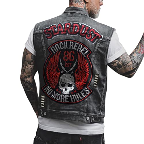 ORANDESIGNE Herren Jeansweste Denim Weste Totenkopf Drucken Mode Freizeit Jeansmantel Vintage Punk Graffiti Drucken Ärmellos Oberbekleidung mit Knöpfen Y Schwarz L von ORANDESIGNE