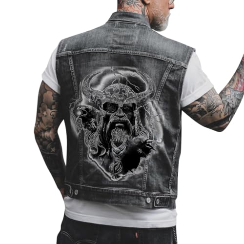 ORANDESIGNE Herren Jeansweste Denim Weste Totenkopf Drucken Mode Freizeit Jeansmantel Vintage Punk Graffiti Drucken Ärmellos Oberbekleidung mit Knöpfen ZA Schwarz M von ORANDESIGNE