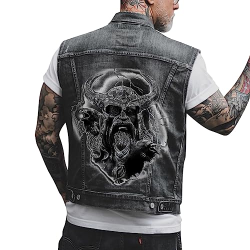 ORANDESIGNE Herren Jeansweste Denim Weste Totenkopf Drucken Mode Freizeit Jeansmantel Vintage Punk Graffiti Drucken Ärmellos Oberbekleidung mit Knöpfen ZA Schwarz XL von ORANDESIGNE