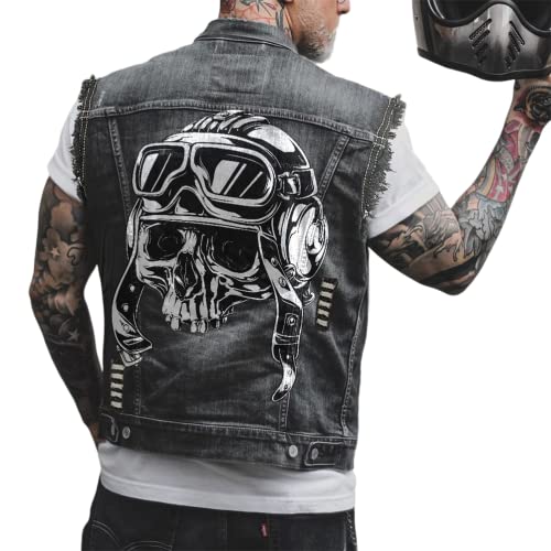 ORANDESIGNE Herren Jeansweste Denim Weste Totenkopf Drucken Mode Freizeit Jeansmantel Vintage Punk Graffiti Drucken Ärmellos Oberbekleidung mit Knöpfen ZC Schwarz XL von ORANDESIGNE