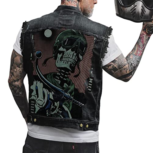 ORANDESIGNE Herren Jeansweste Denim Weste Totenkopf Drucken Mode Freizeit Jeansmantel Vintage Punk Graffiti Drucken Ärmellos Oberbekleidung mit Knöpfen ZE Schwarz XXL von ORANDESIGNE