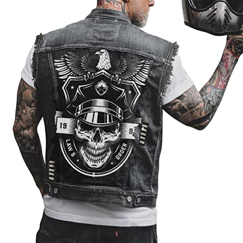 ORANDESIGNE Herren Jeansweste Denim Weste Totenkopf Drucken Mode Freizeit Jeansmantel Vintage Punk Graffiti Drucken Ärmellos Oberbekleidung mit Knöpfen ZF Schwarz 3XL von ORANDESIGNE