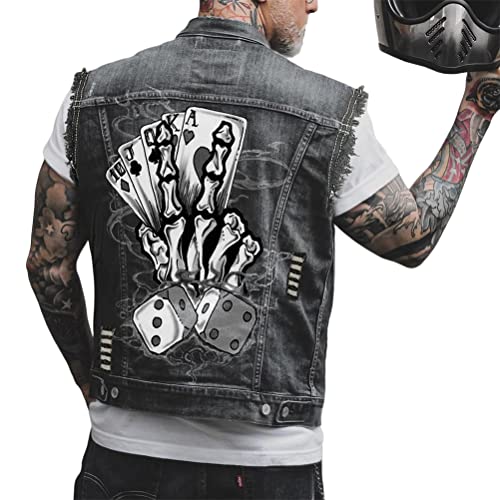 ORANDESIGNE Herren Jeansweste Denim Weste Totenkopf Drucken Mode Freizeit Jeansmantel Vintage Punk Graffiti Drucken Ärmellos Oberbekleidung mit Knöpfen ZJ Schwarz 3XL von ORANDESIGNE