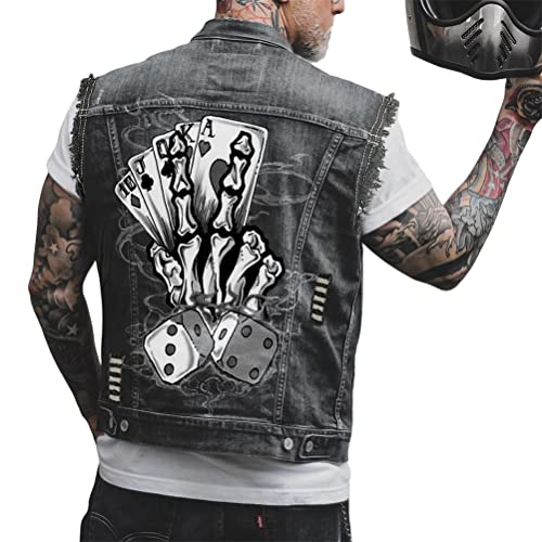 ORANDESIGNE Herren Jeansweste Denim Weste Totenkopf Drucken Mode Freizeit Jeansmantel Vintage Punk Graffiti Drucken Ärmellos Oberbekleidung mit Knöpfen ZJ Schwarz 3XL von ORANDESIGNE