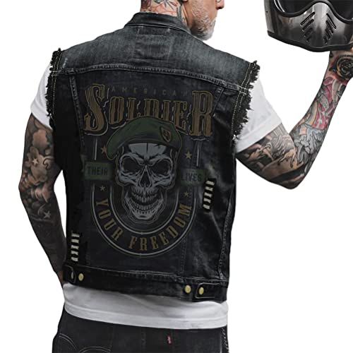 ORANDESIGNE Herren Jeansweste Denim Weste Totenkopf Drucken Mode Freizeit Jeansmantel Vintage Punk Graffiti Drucken Ärmellos Oberbekleidung mit Knöpfen ZL Schwarz XXL von ORANDESIGNE